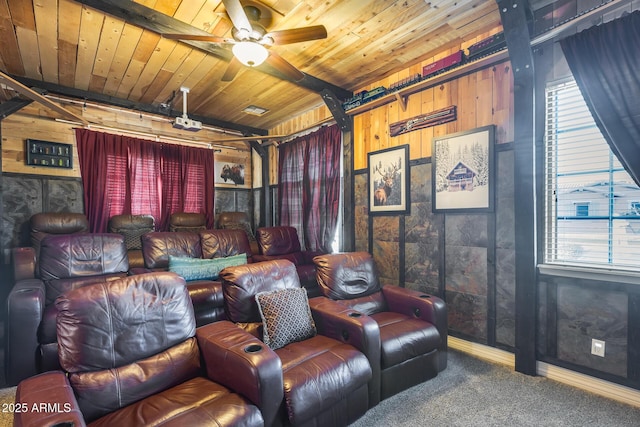 20125 E Via Del Rancho, Queen Creek, AZ 85142 - carpeted home theater room featuring baseboards, a ceiling fan, wood walls, and wooden ceiling
