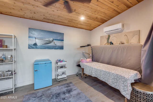 20125 E Via Del Rancho, Queen Creek, AZ 85142 - bedroom with baseboards, wood finished floors, lofted ceiling, an AC wall unit, and wooden ceiling