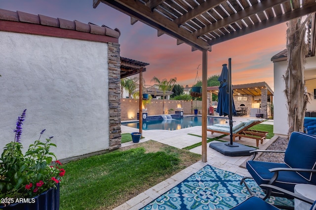 20125 E Via Del Rancho, Queen Creek, AZ 85142 - pool at dusk featuring a patio, a fenced in pool, a fenced backyard, and a pergola