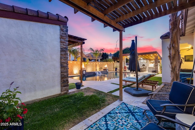 20125 E Via Del Rancho, Queen Creek, AZ 85142 - patio terrace at dusk featuring a fenced in pool, a fenced backyard, and a pergola