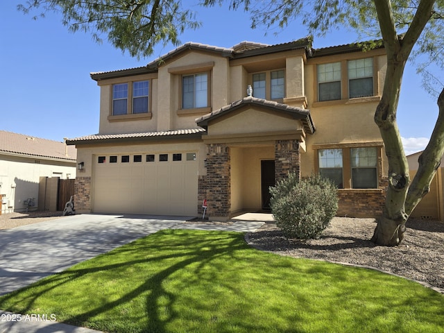 view of front of home with an attached garage, fence, driveway, a tiled roof, and stucco siding