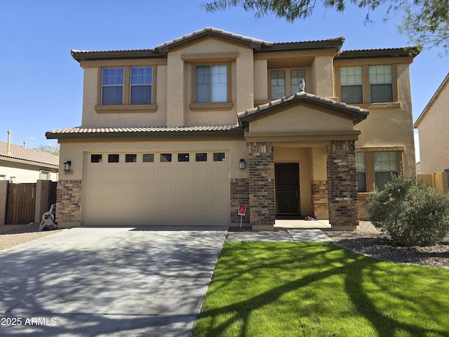 view of front of property featuring a garage, concrete driveway, a tile roof, fence, and stucco siding