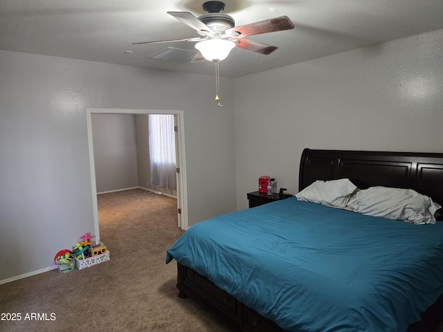 bedroom with carpet floors, ceiling fan, and baseboards