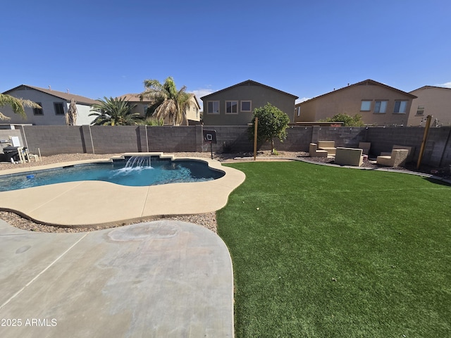 view of swimming pool featuring a fenced in pool, a fenced backyard, a yard, a patio area, and an outdoor living space