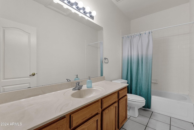 full bathroom with tile patterned flooring, vanity, shower / bath combo, and toilet