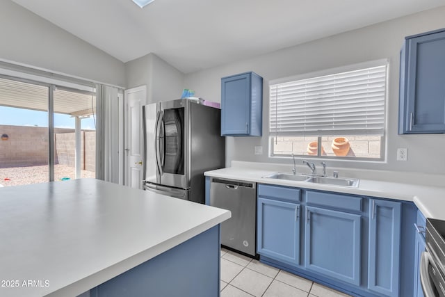 kitchen with a sink, a healthy amount of sunlight, blue cabinets, and stainless steel appliances