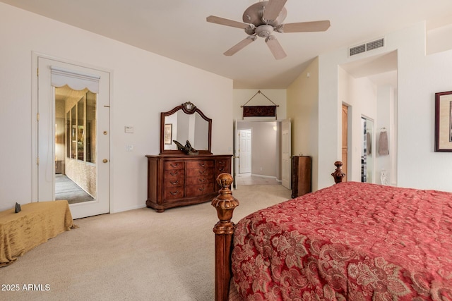 bedroom featuring carpet floors, ceiling fan, visible vents, and baseboards