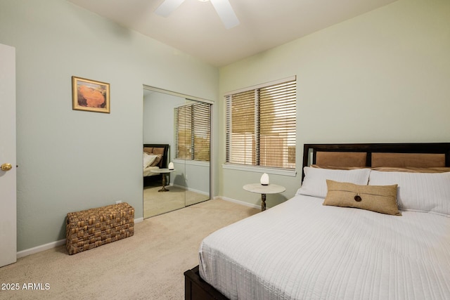 bedroom featuring a closet, carpet, a ceiling fan, and baseboards