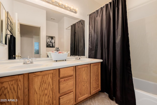 bathroom featuring double vanity, a sink, visible vents, and shower / bathtub combination with curtain