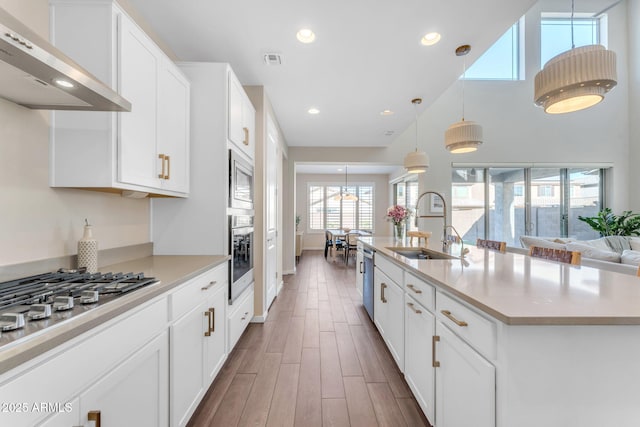 kitchen featuring sink, a kitchen island with sink, white cabinetry, stainless steel appliances, and wall chimney exhaust hood