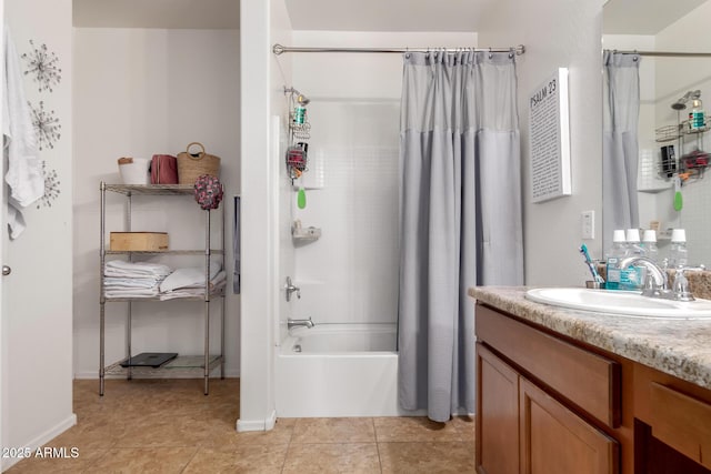 bathroom featuring shower / tub combo with curtain, vanity, and tile patterned floors