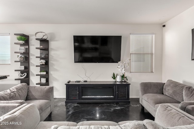 living room with a fireplace