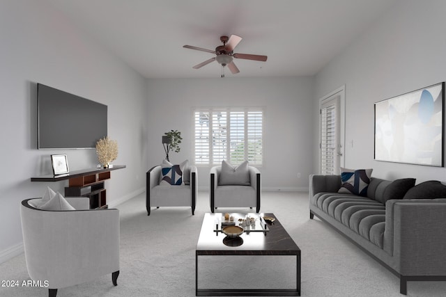 living room with ceiling fan and light colored carpet