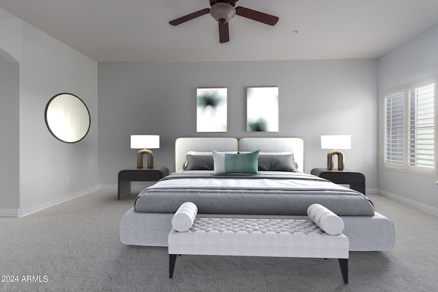 bedroom featuring ceiling fan and light colored carpet