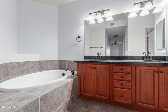 bathroom with ceiling fan, tile patterned floors, vanity, and independent shower and bath