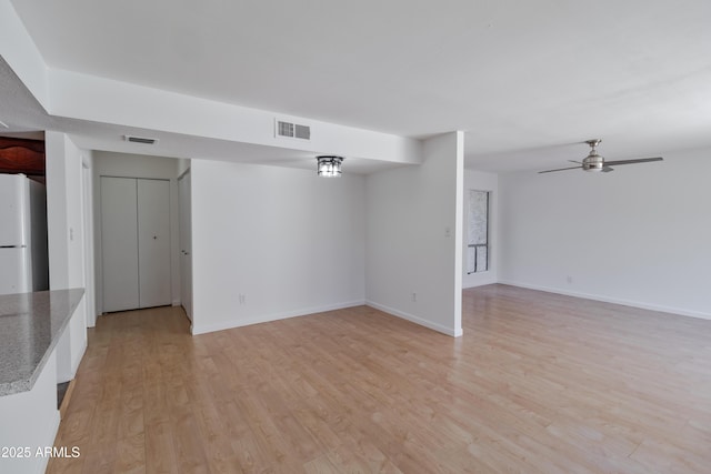 unfurnished living room featuring light hardwood / wood-style flooring and ceiling fan