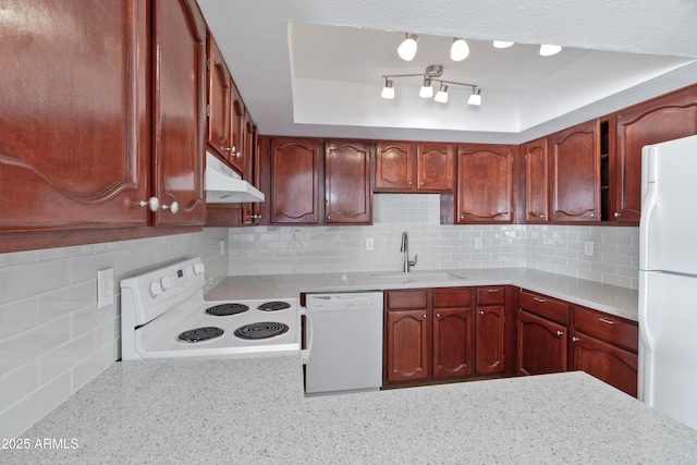 kitchen with tasteful backsplash, sink, a tray ceiling, light stone countertops, and white appliances