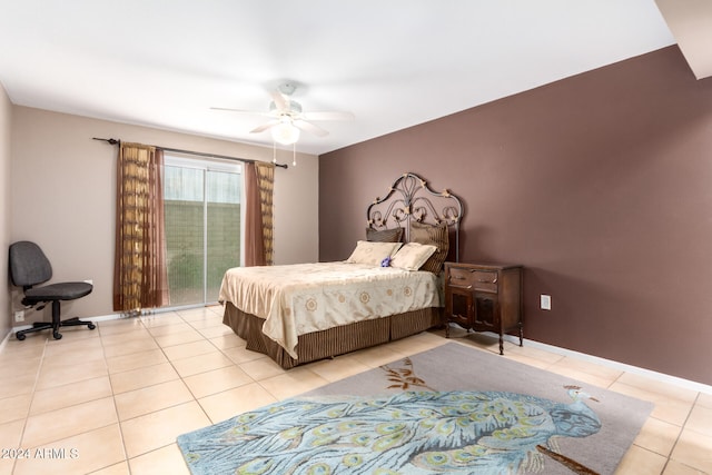 bedroom featuring access to exterior, ceiling fan, and light tile patterned floors