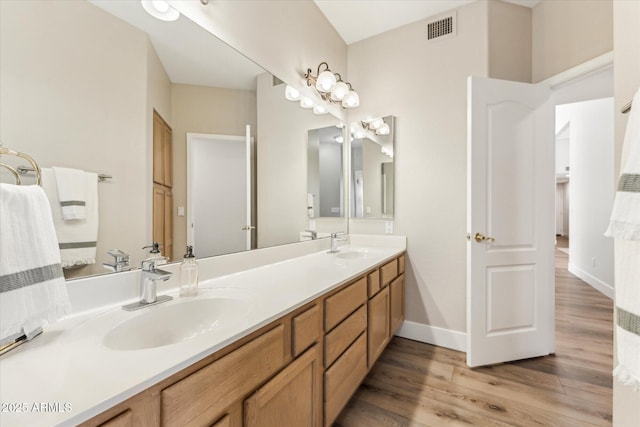 bathroom featuring vanity and hardwood / wood-style floors