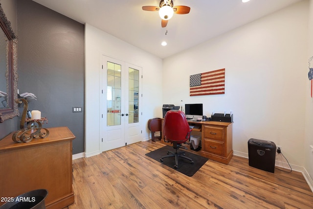 19334 W Pasadena Ave, Litchfield Park, AZ 85340 - office area featuring french doors, light wood-style flooring, recessed lighting, ceiling fan, and baseboards