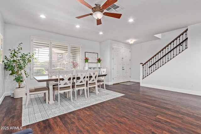 1342 E Jade Dr, Chandler, AZ 85286 - dining space featuring ceiling fan, wood finished floors, recessed lighting, and stairway