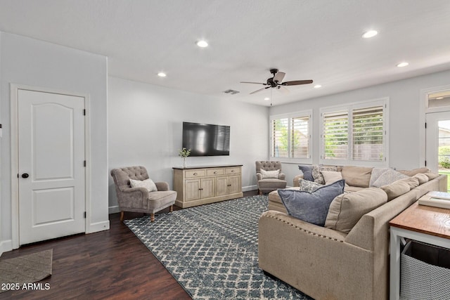 1342 E Jade Dr, Chandler, AZ 85286 - living area with a ceiling fan, recessed lighting, and dark wood-style floors