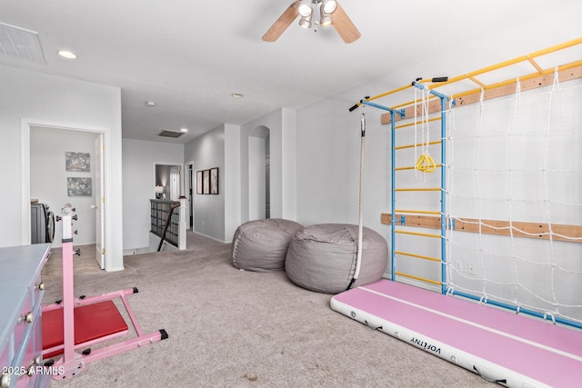 1342 E Jade Dr, Chandler, AZ 85286 - game room with carpet, ceiling fan, recessed lighting, separate washer and dryer, and arched walkways