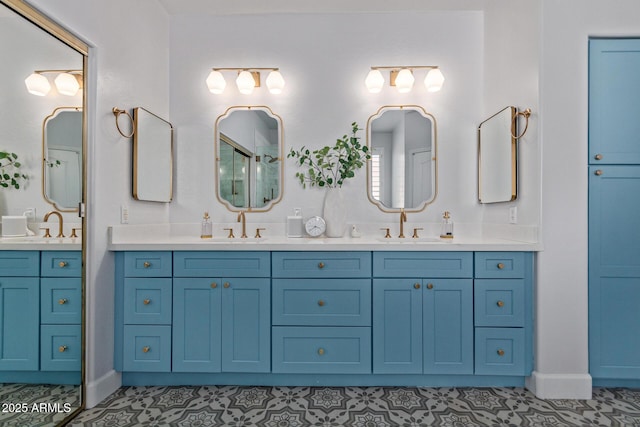 1342 E Jade Dr, Chandler, AZ 85286 - full bathroom featuring double vanity, tile patterned flooring, and a shower with shower door