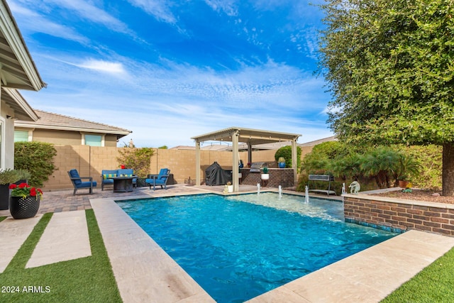 view of pool with pool water feature, an outdoor living space, area for grilling, and a patio area