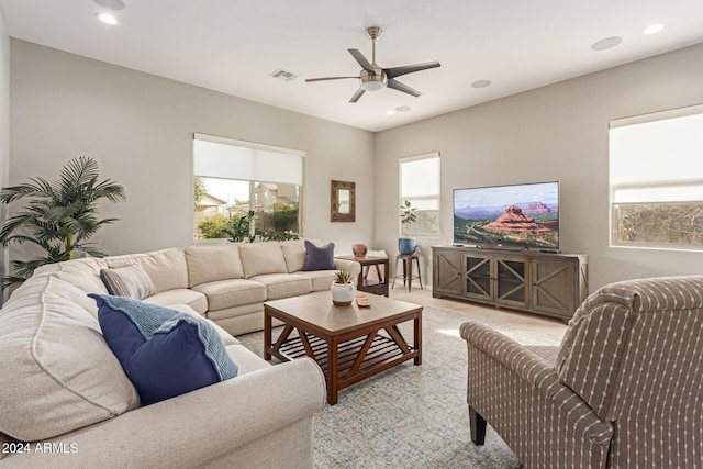 living room with ceiling fan