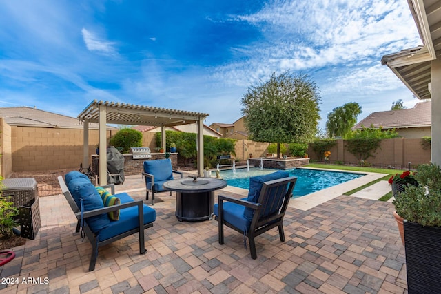 view of swimming pool with a pergola, area for grilling, outdoor lounge area, pool water feature, and grilling area