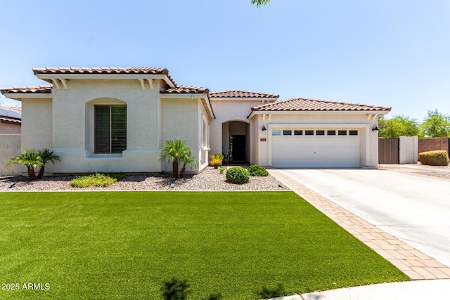 6317 S Banning St, Gilbert, AZ 85298 - mediterranean / spanish-style home featuring a garage, concrete driveway, a tile roof, and stucco siding