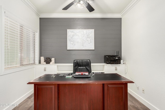6317 S Banning St, Gilbert, AZ 85298 - office space featuring wood finished floors, crown molding, ceiling fan, and wooden walls