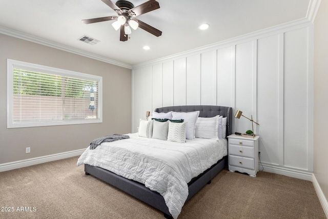 6317 S Banning St, Gilbert, AZ 85298 - bedroom featuring crown molding, carpet floors, recessed lighting, and a ceiling fan