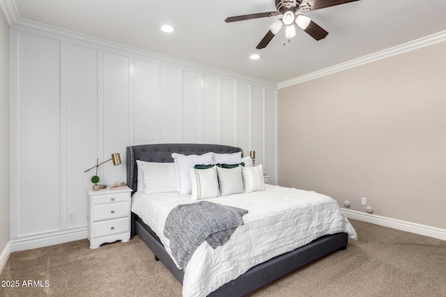 6317 S Banning St, Gilbert, AZ 85298 - bedroom featuring light carpet, ornamental molding, recessed lighting, and ceiling fan