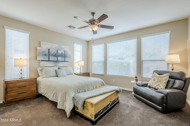 carpeted bedroom with ceiling fan and multiple windows