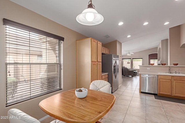 12787 S 175th Ave, Goodyear, AZ 85338 - dining area with light tile patterned flooring, recessed lighting, lofted ceiling, and ceiling fan