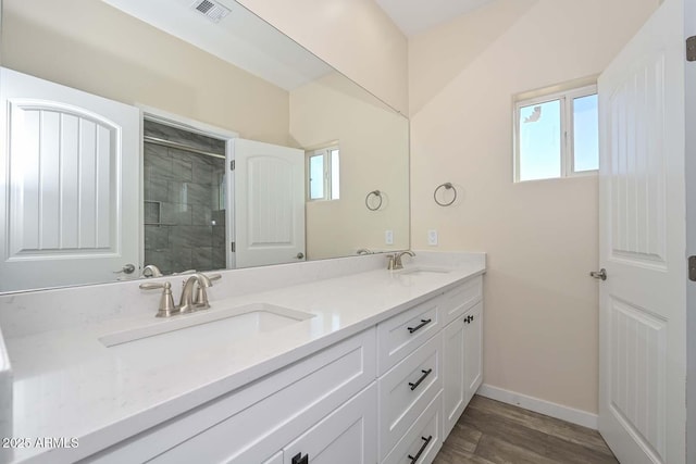 bathroom featuring vanity and hardwood / wood-style floors