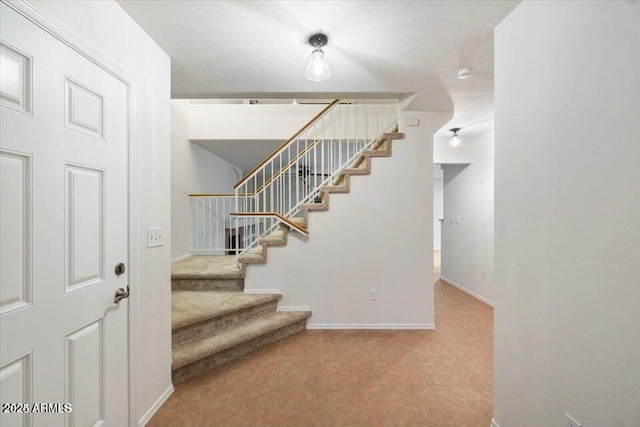 staircase featuring carpet floors