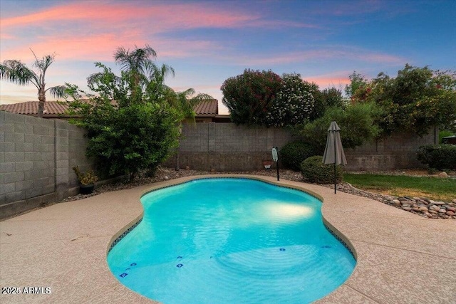 pool at dusk with a patio area