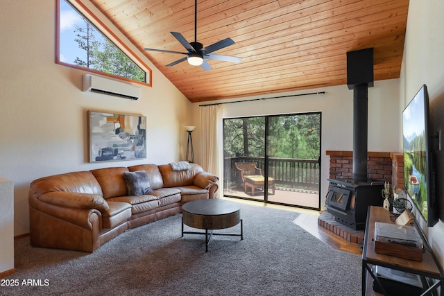 living room featuring wood ceiling, a wood stove, a wall unit AC, and plenty of natural light