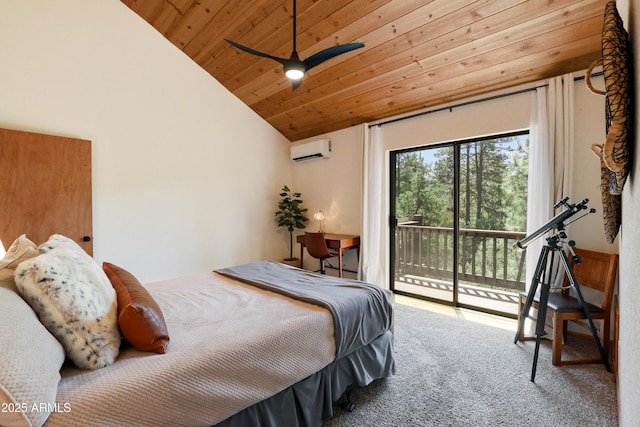 bedroom featuring lofted ceiling, wood ceiling, a wall mounted air conditioner, access to outside, and carpet flooring