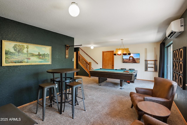 game room with a wall unit AC, baseboards, carpet floors, and pool table