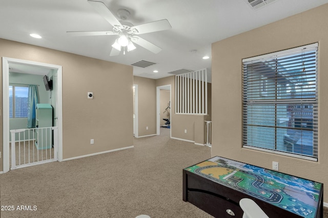 game room featuring recessed lighting, baseboards, visible vents, and carpet floors