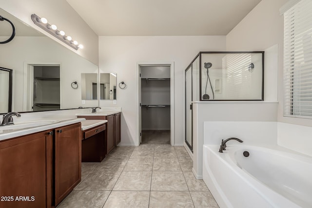 bathroom with vanity, separate shower and tub, and tile patterned flooring