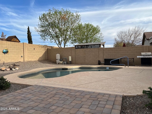 view of pool with area for grilling, a patio area, a fenced backyard, and a fenced in pool