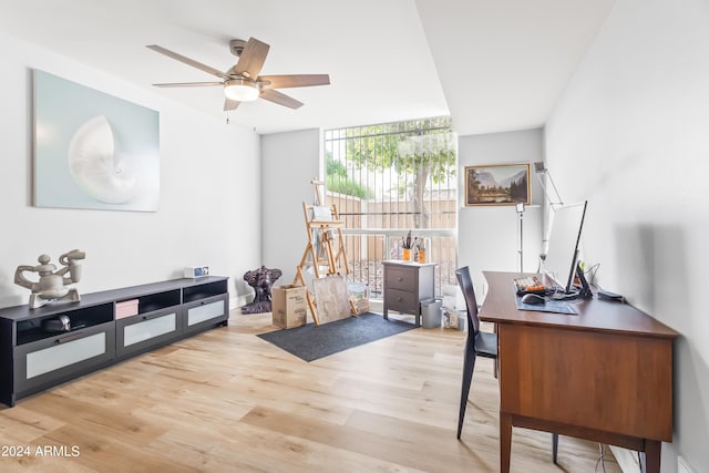 office space featuring ceiling fan, light hardwood / wood-style floors, and expansive windows