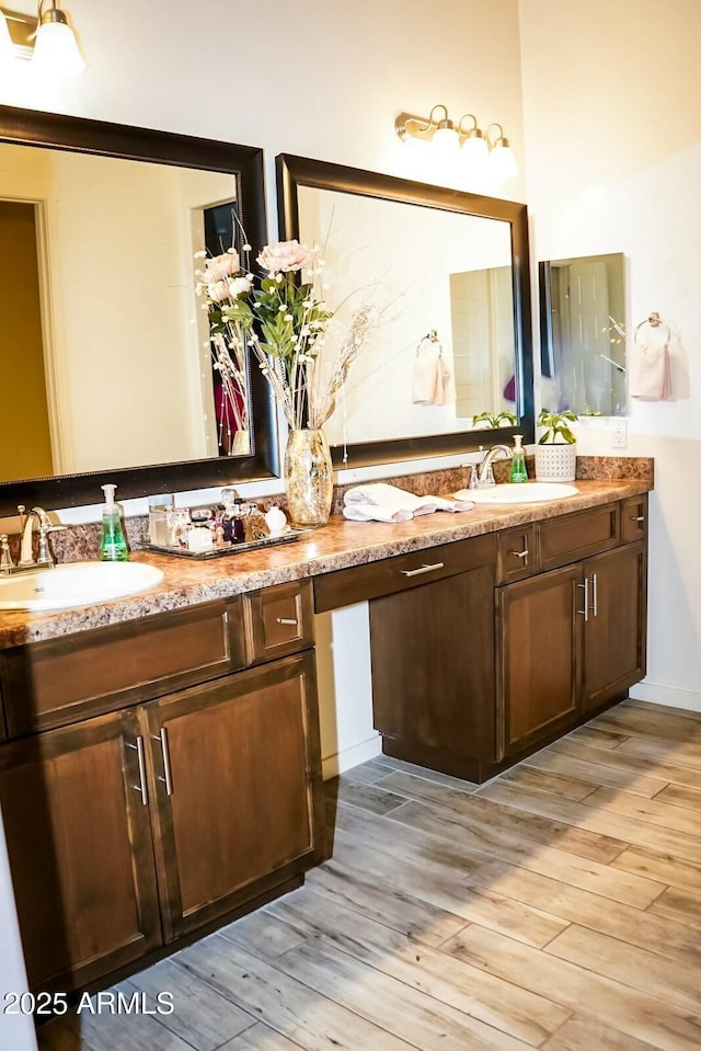 bathroom with hardwood / wood-style flooring and vanity