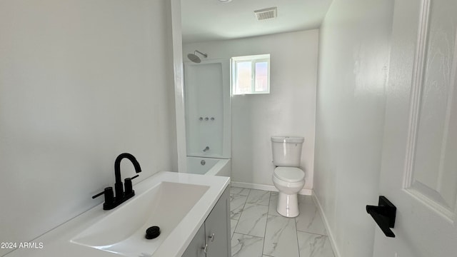 full bathroom featuring bathing tub / shower combination, vanity, and toilet