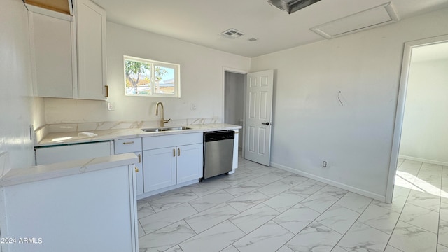 kitchen with sink, white cabinetry, and stainless steel dishwasher